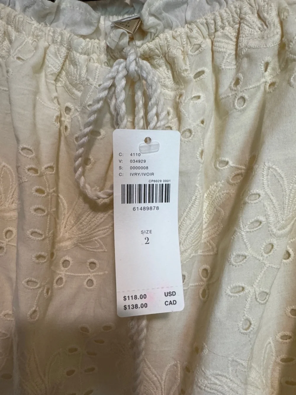 Anthropologie Cream Eyelet Off-Shoulder Peasant Blouse with Tassel